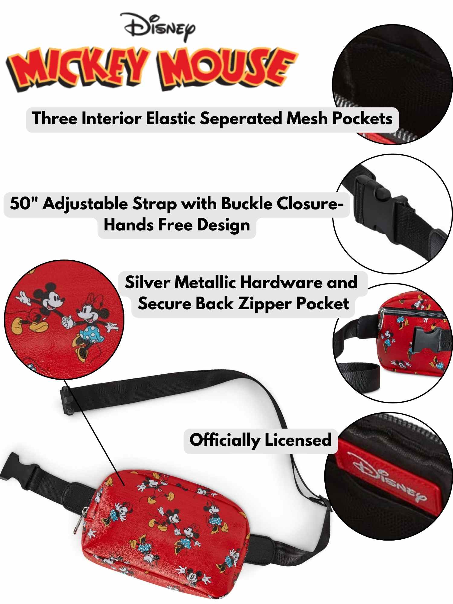 Disney Mickey & Minnie Mouse Belt Bag Crossbody Fanny Pack Waist Bag Women's Red