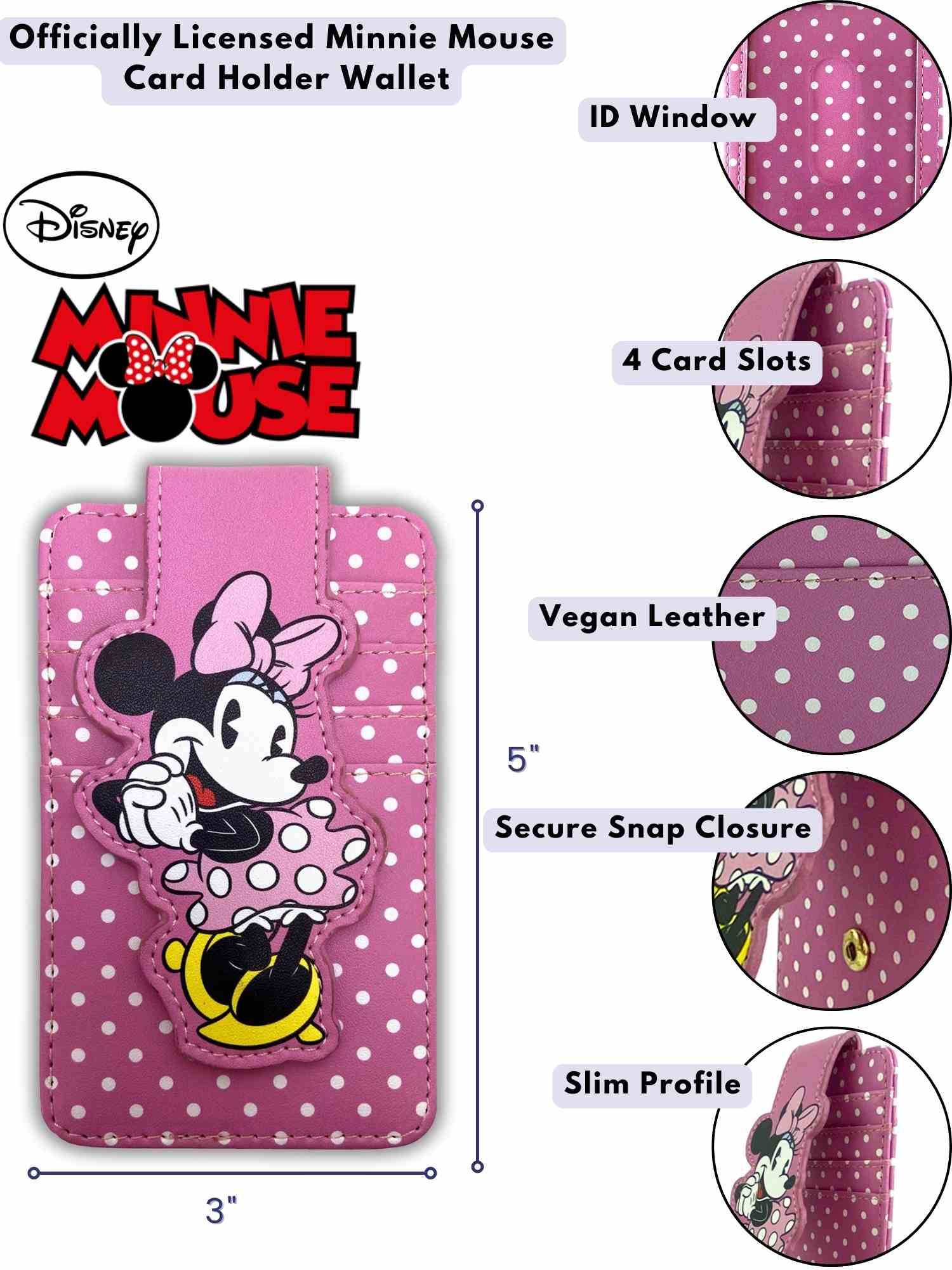 Womens Disney Minnie Mouse Polka Dot Card Holder Wallet Button Snap Closure