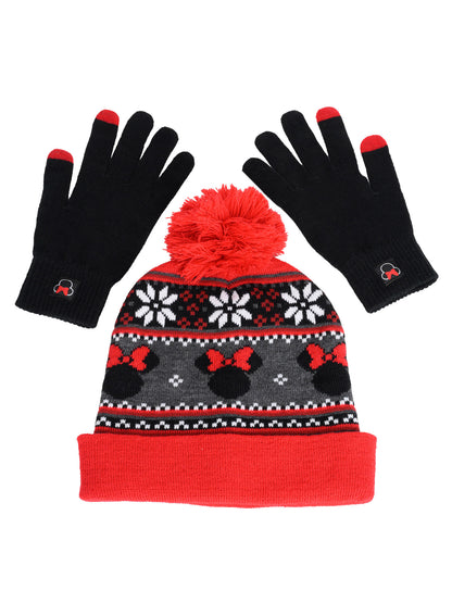 Minnie Mouse Beanie Hat with Gloves Touch Screen Disney Women's Knit Red Set