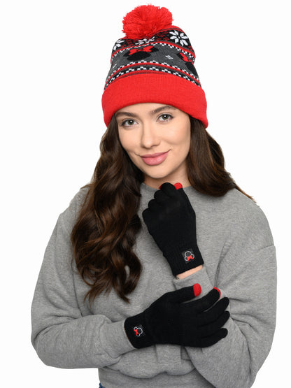 Minnie Mouse Beanie Hat with Gloves Touch Screen Disney Women's Knit Red Set