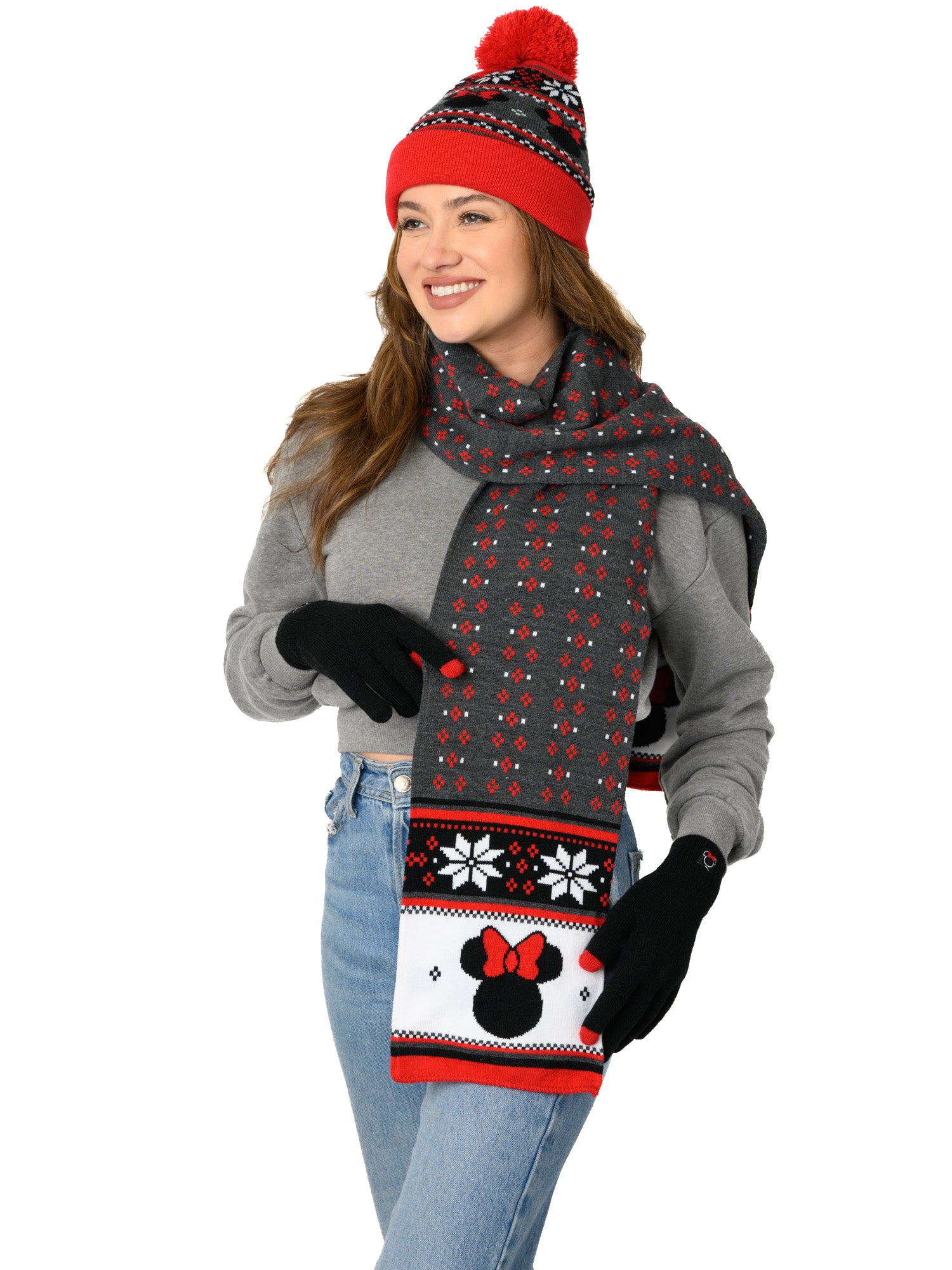 Adult Womens Minnie Mouse Knit Hat, Gloves & Scarf 3-Piece Gift Set