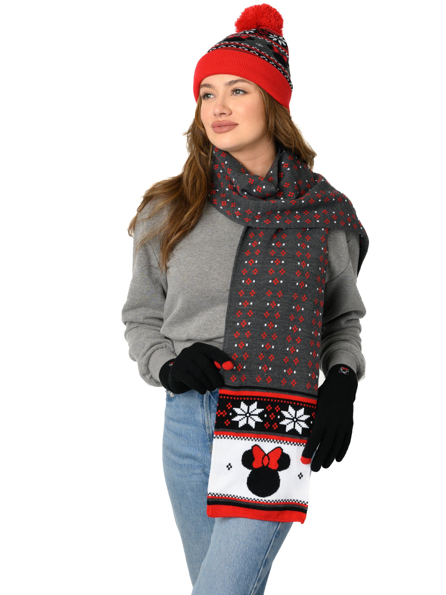 Adult Womens Minnie Mouse Knit Hat, Gloves & Scarf 3-Piece Gift Set