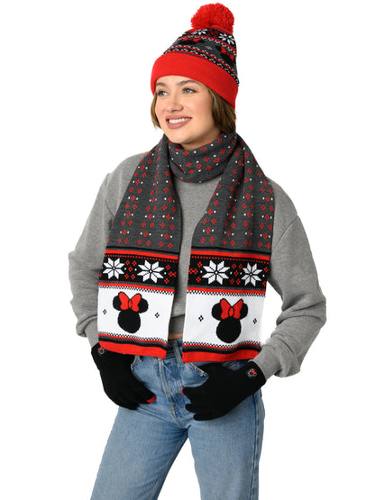 Adult Womens Minnie Mouse Knit Hat, Gloves & Scarf 3-Piece Gift Set