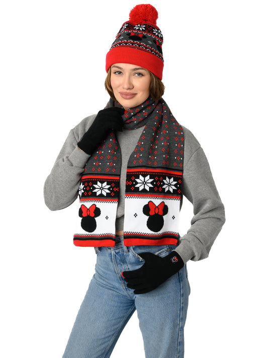 Adult Womens Minnie Mouse Knit Hat, Gloves & Scarf 3-Piece Gift Set