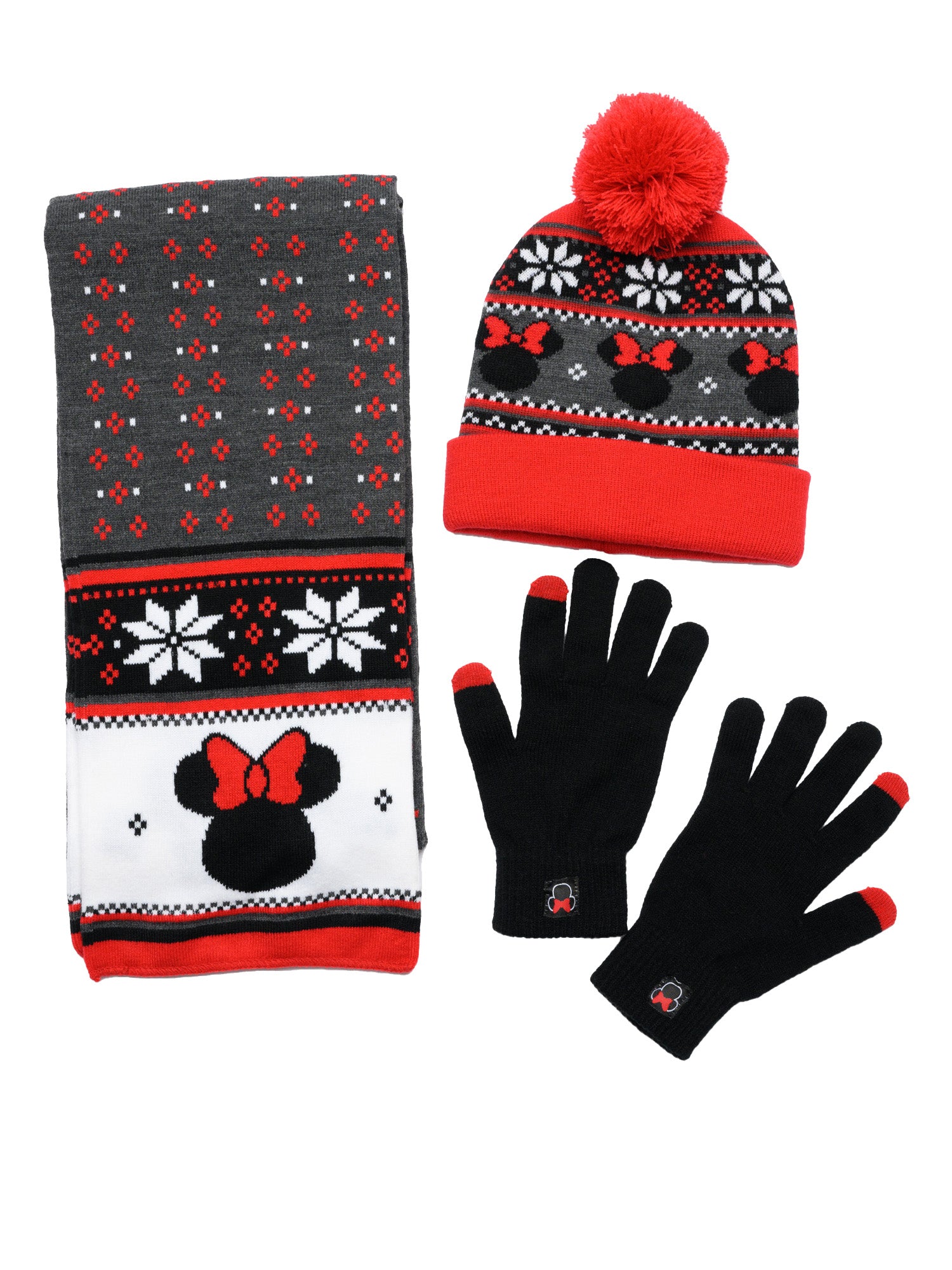 Adult Womens Minnie Mouse Knit Hat, Gloves & Scarf 3-Piece Gift Set