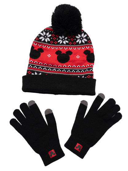 Disney Men's Mickey Mouse Knit Beanie Hat & Texting Gloves Black 2-Piece Set