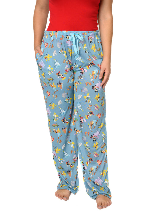 Women's Disney Mickey & Minnie Pajama Pants Lounge Wear Pluto Goofy Donald Blue