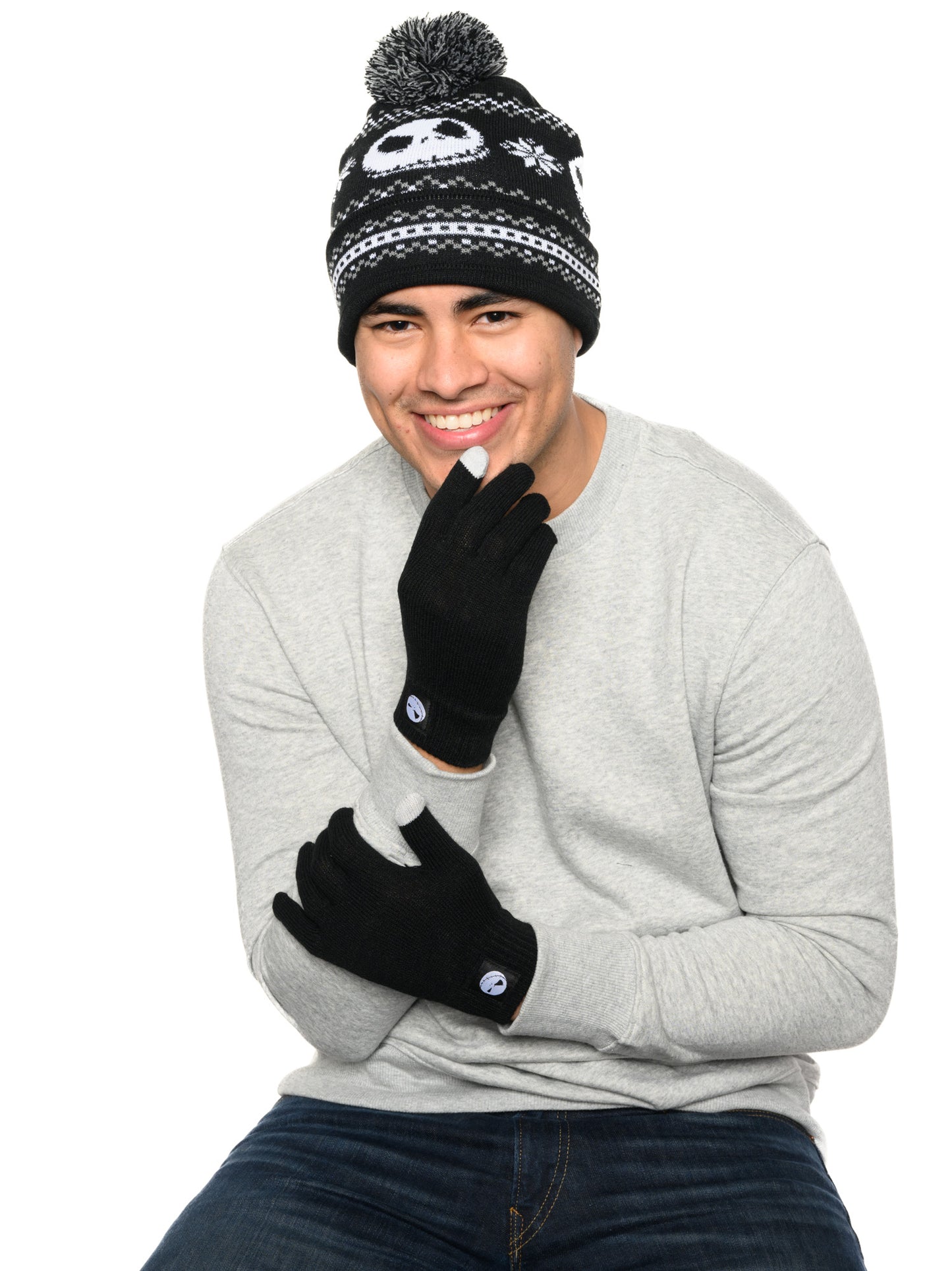 Men's Nightmare Before Christmas Knit Beanie Hat & Touch Screen Gloves Unisex