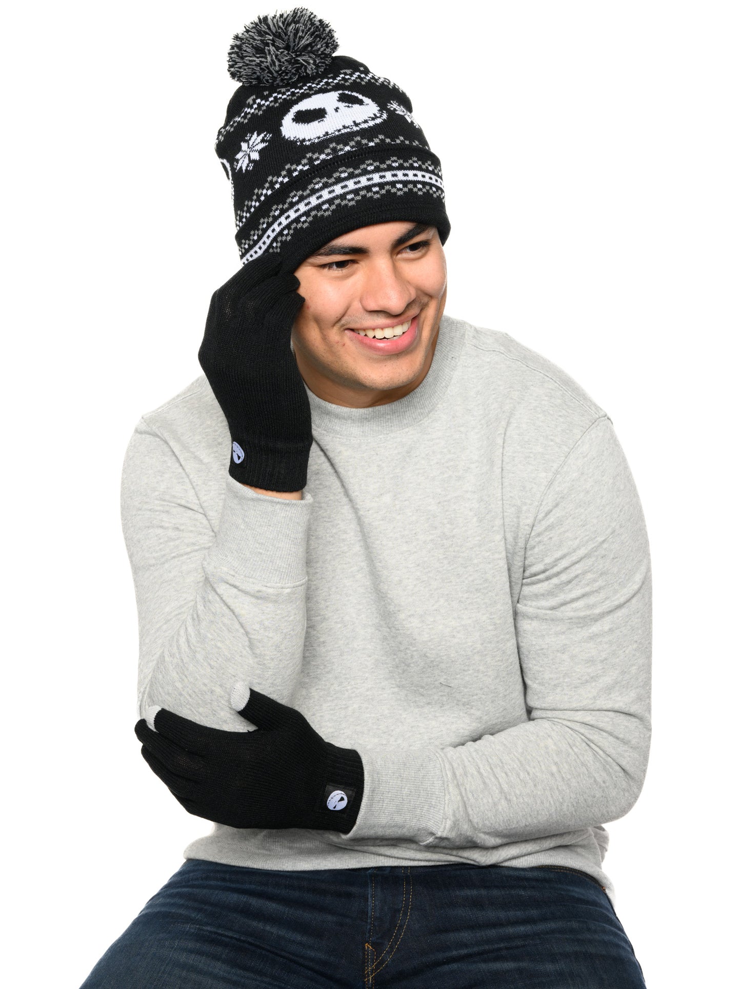 Men's Nightmare Before Christmas Knit Beanie Hat & Touch Screen Gloves Unisex