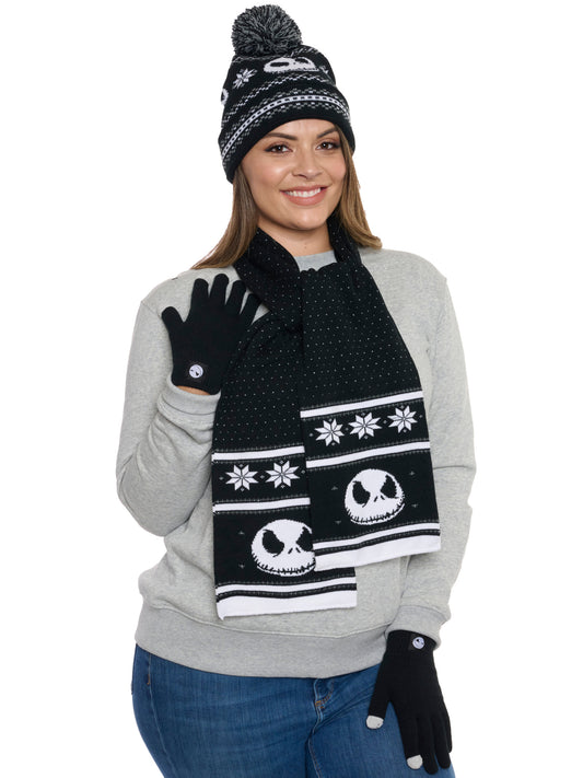 Women Men Teen Nightmare Before Christmas Knit Hat, Scarf & Gloves Gift Set