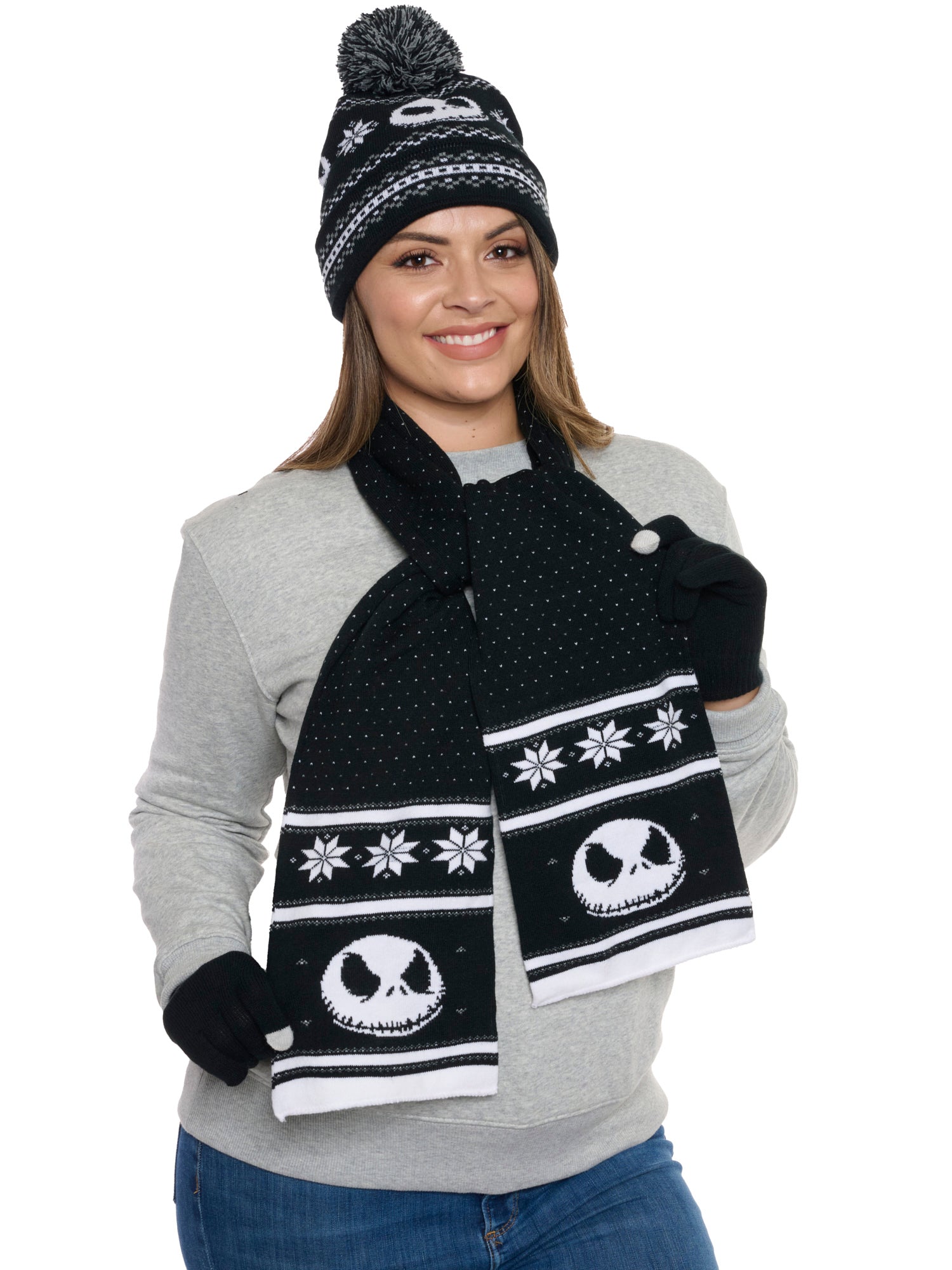 Women Men Teen Nightmare Before Christmas Knit Hat, Scarf & Gloves Gift Set