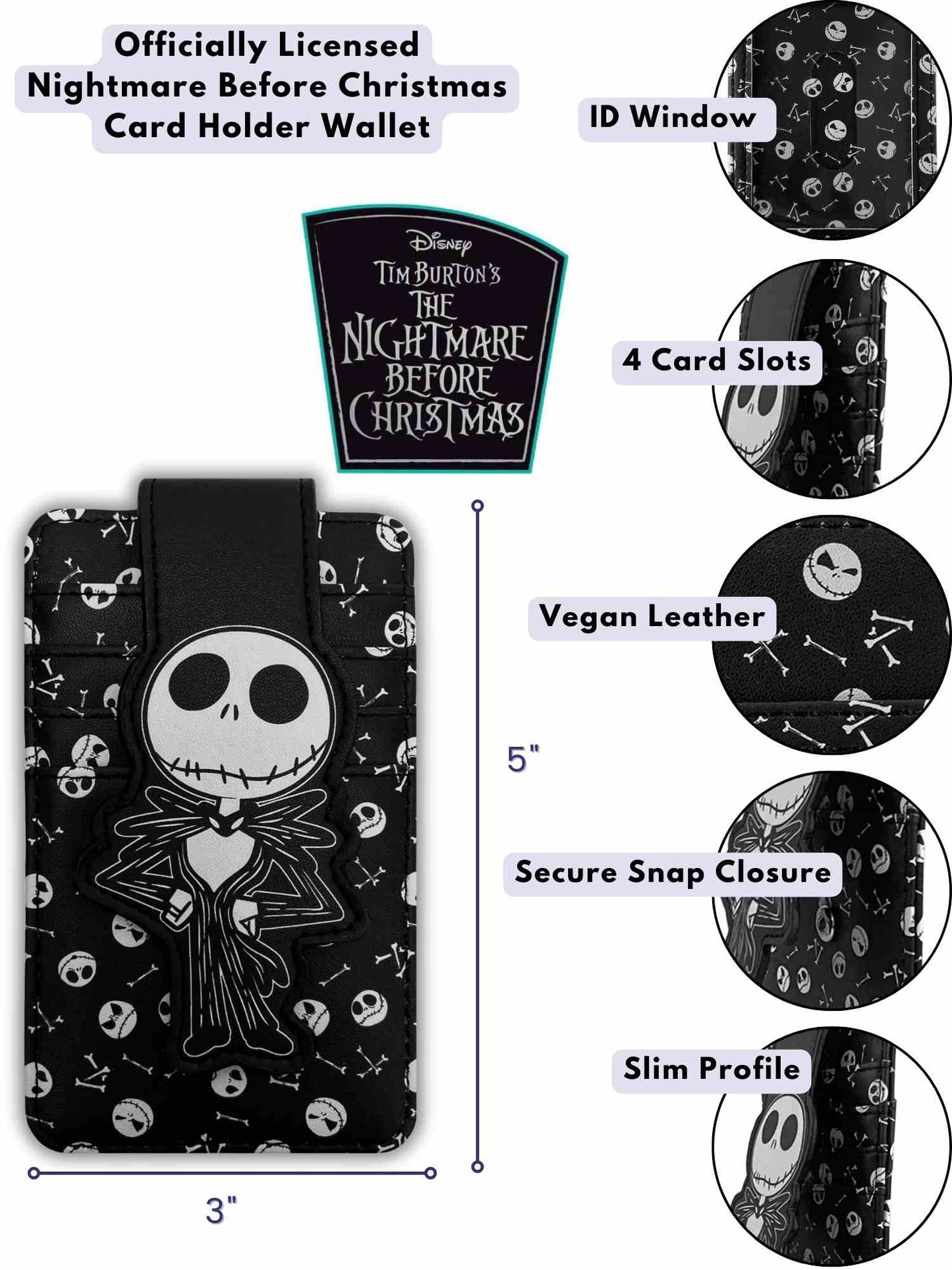 Jack Skellington Card Holder Wallet Button Snap Closure