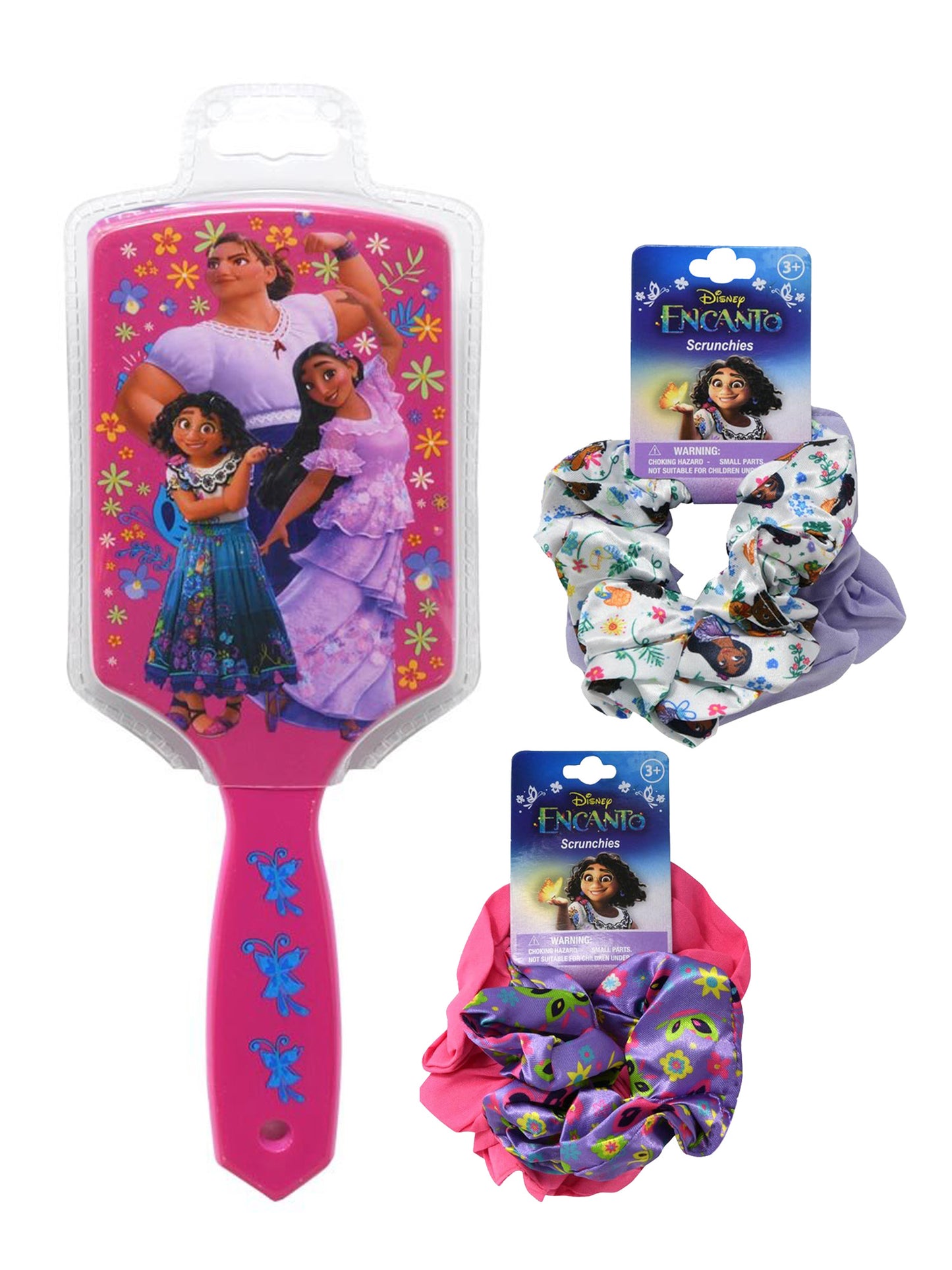 Encanto Scrunchies 4-Pack and Hair Brush Accessory Set Disney Girls Pink Purple