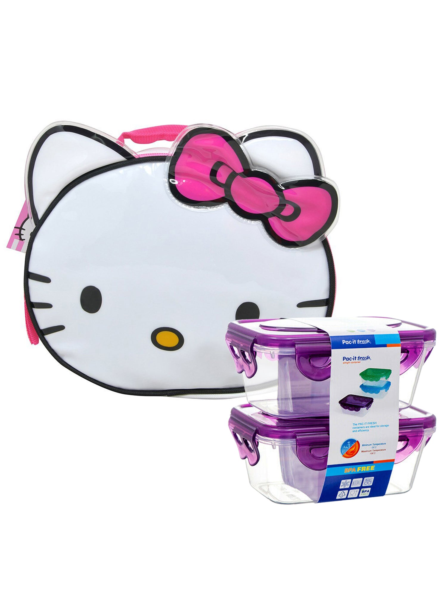 Pink Bow Hello Kitty Lunch Bag Insulated w/ 2-Pack Snack Food Containers Set