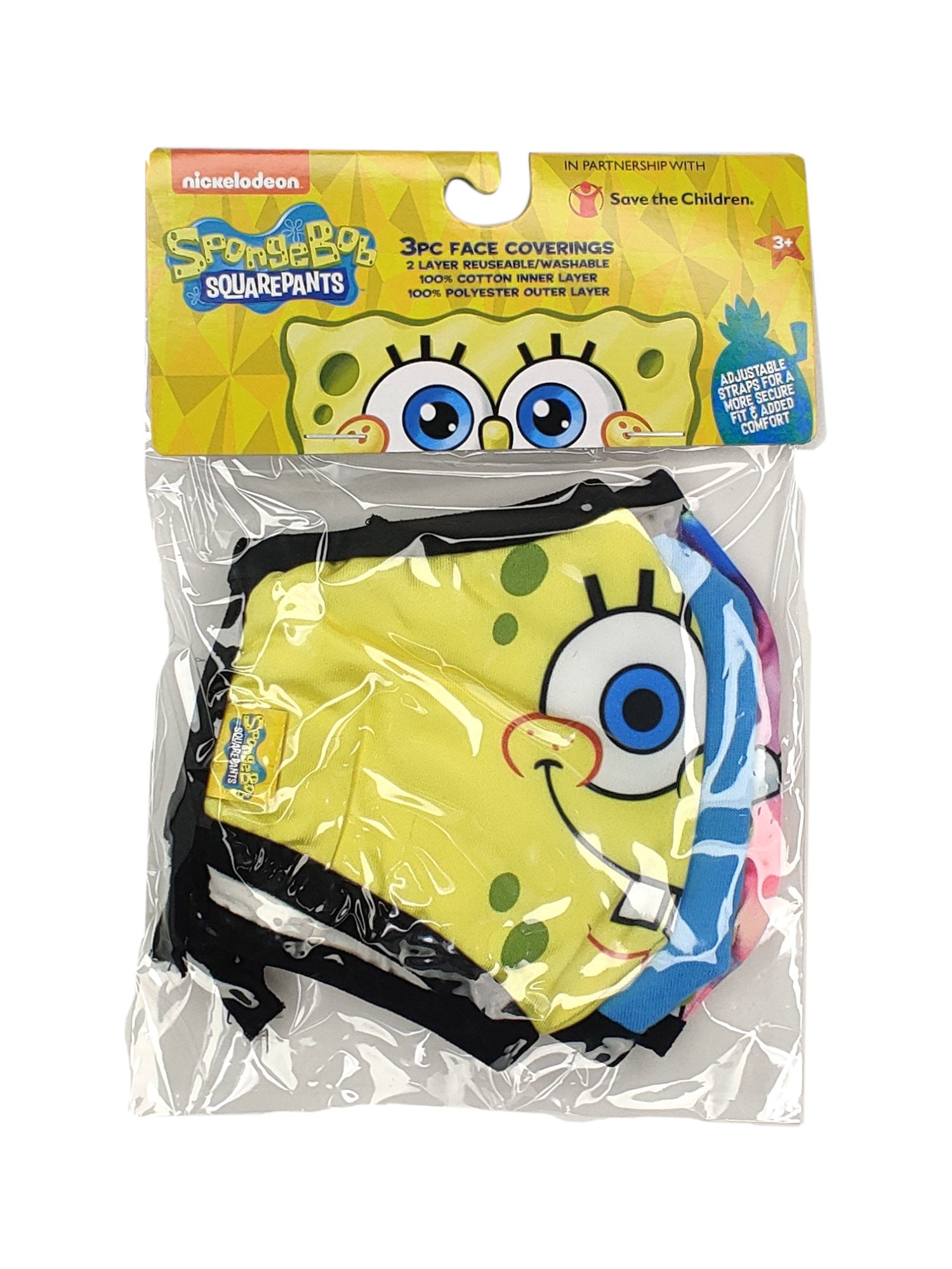 Kids Spongebob Patrick Reusable Face Masks 3 Pack Rainbow Krabby Patty