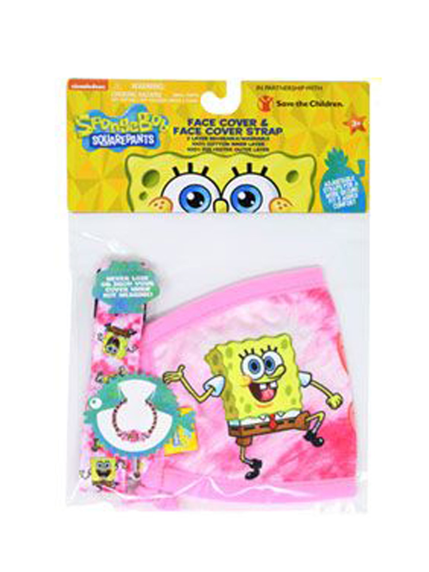 Kids Girls Spongebob Squarepants Reusable Face Mask Pink w/ Removable Strap