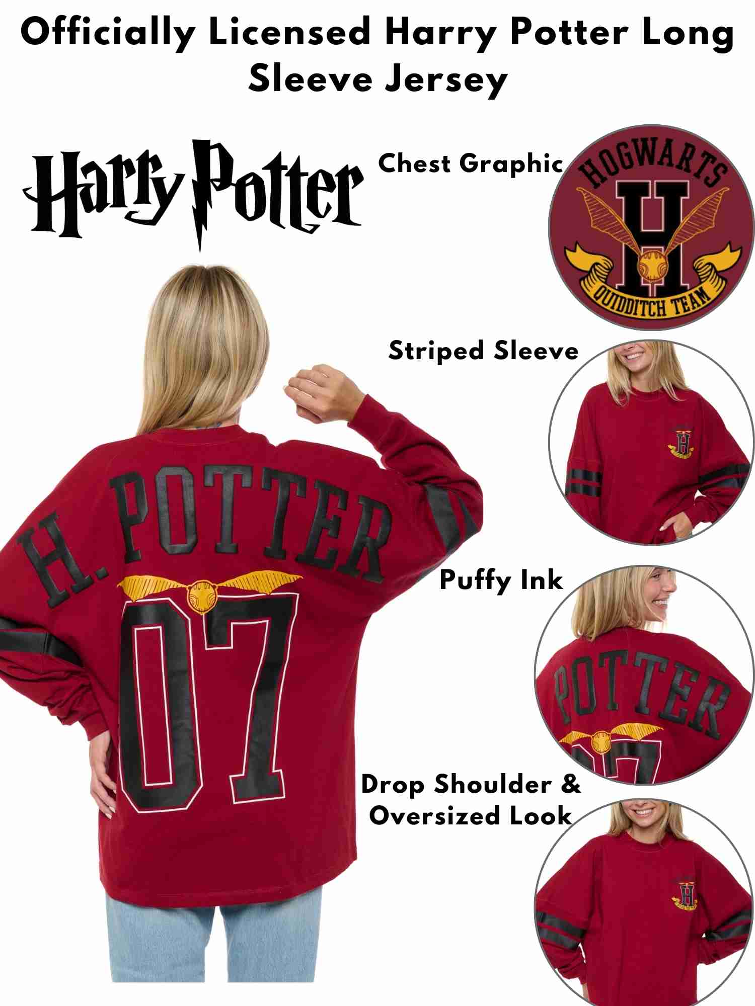 Women's Harry Potter Jersey Oversized Long Sleeve Hockey Style Red Maroon