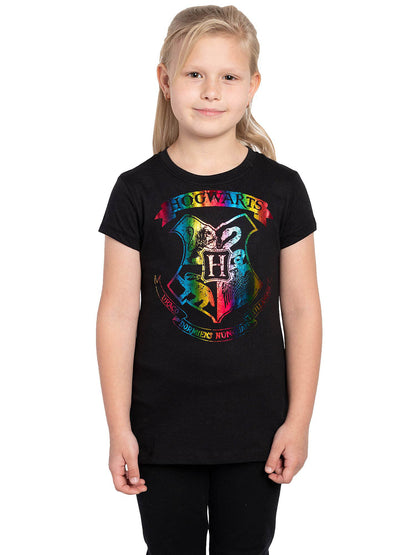 Girls Harry Potter T-Shirt Hogwarts Shimmery Halloween Costume Tee School Crest