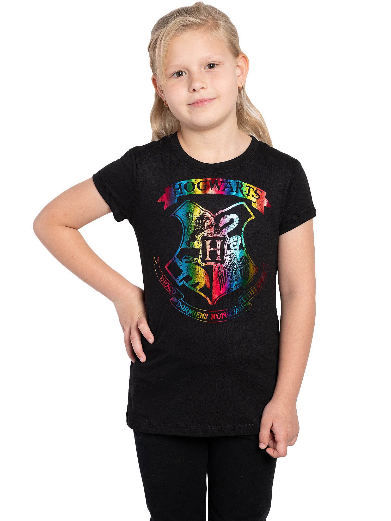 Girls Harry Potter T-Shirt Hogwarts Shimmery Halloween Costume Tee School Crest