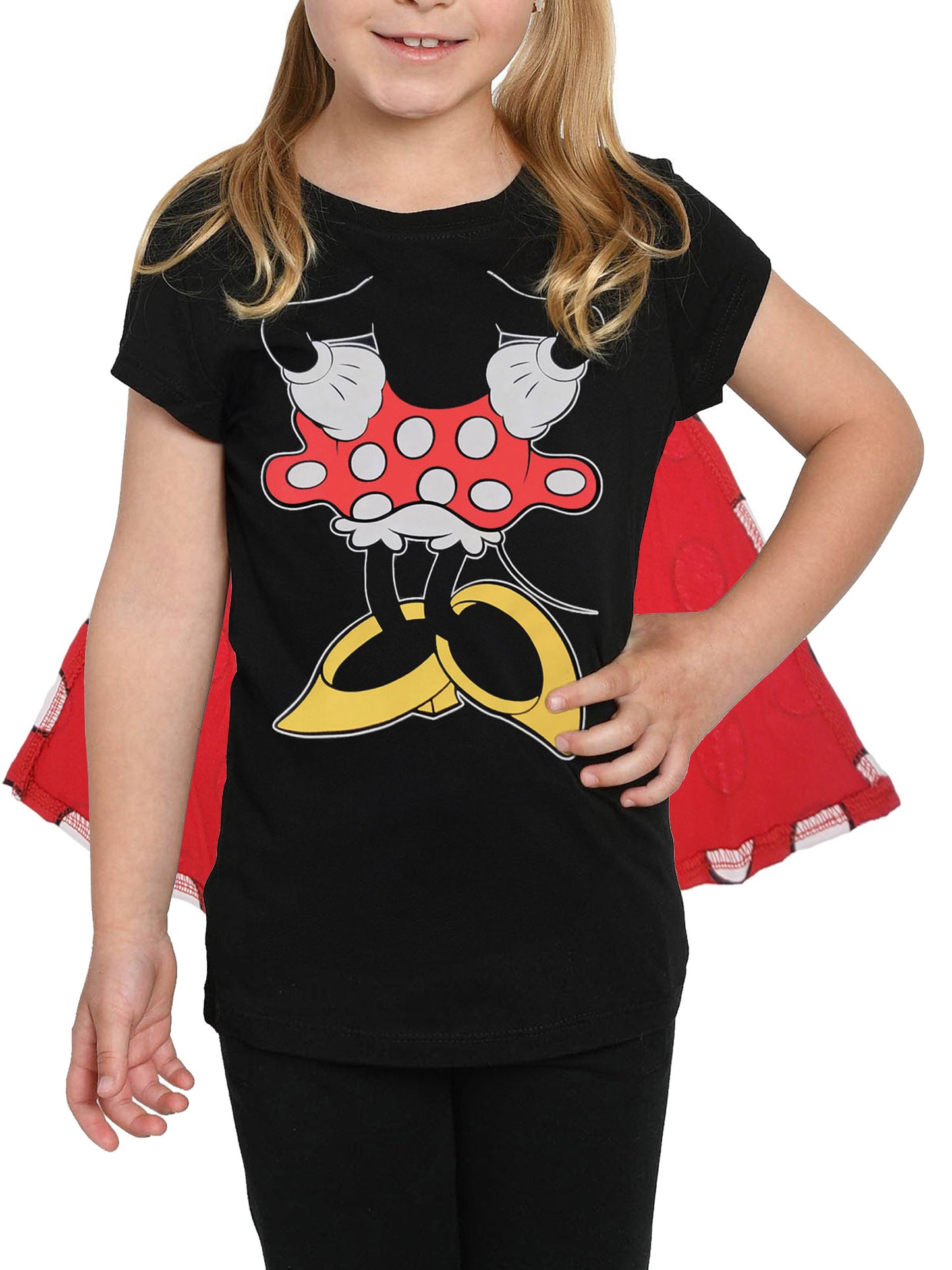 Disney Girls Minnie Mouse T-Shirt & Ears Set Detachable Cape Costume Tee Black