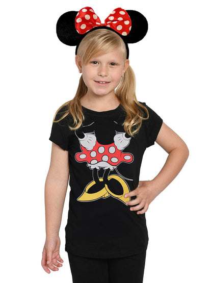 Disney Girls Minnie Mouse T-Shirt & Ears Set Detachable Cape Costume Tee Black