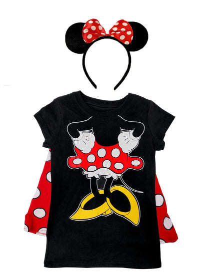 Disney Girls Minnie Mouse T-Shirt & Ears Set Detachable Cape Costume Tee Black