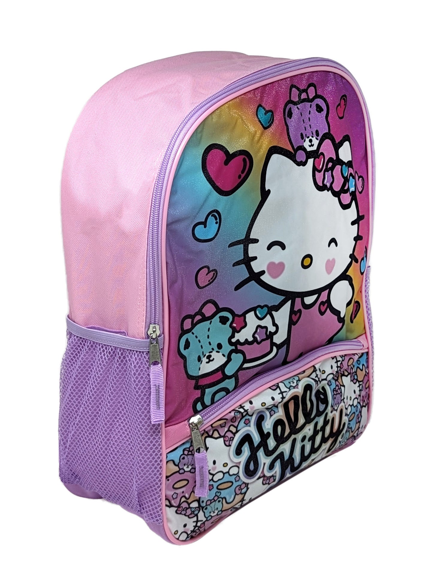 Hello Kitty Backpack 16" Sanrio Front Zipper Pocket Teddy Bears Hearts Cupcakes