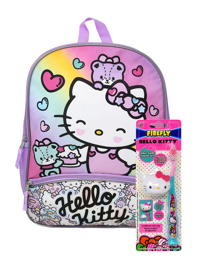 Girls Hello Kitty Backpack 16" & Travel Toothbrush Set Pink Sparkles Sanrio