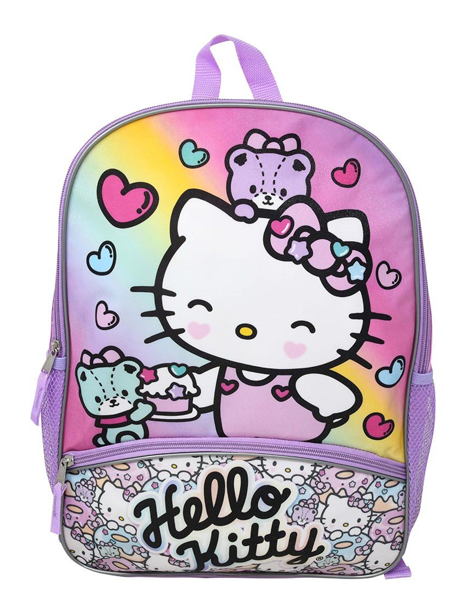 Hello Kitty Backpack 16" Sanrio Front Zipper Pocket Teddy Bears Hearts Cupcakes