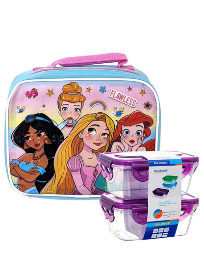 Princess Ariel Jasmine Insulated Lunch Bag & 2-Pack Food Container Disney Set