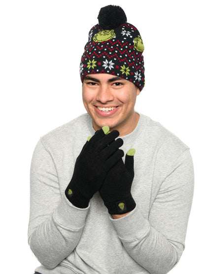 Mens Dr Seuss Grinch Beanie Hat & Touch Screen Gloves Knit Christmas