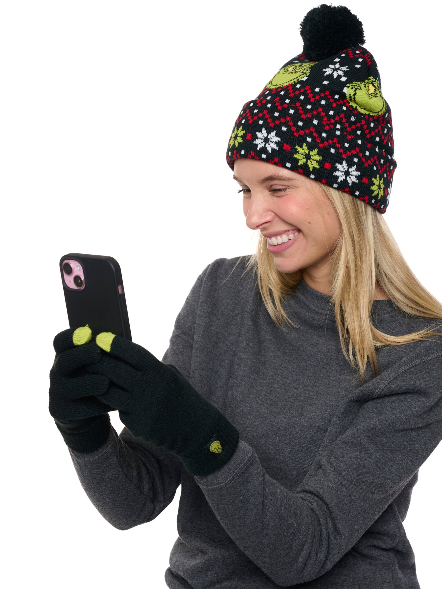 Dr Seuss Grinch Beanie Hat & Touch Screen Gloves Women's Men's Knit Christmas