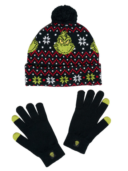 Dr Seuss Grinch Beanie Hat & Touch Screen Gloves Women's Men's Knit Christmas