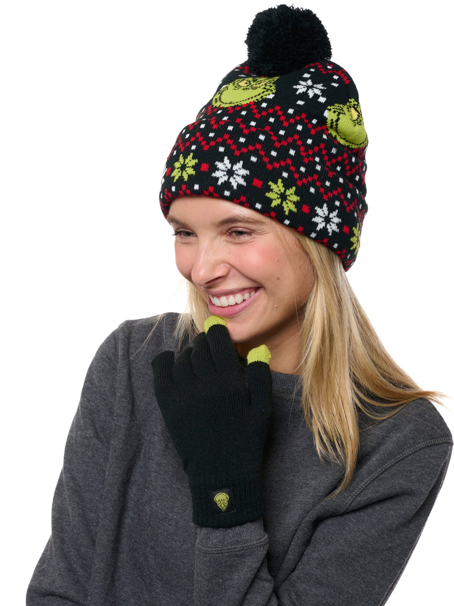 Dr Seuss Grinch Beanie Hat & Touch Screen Gloves Women's Men's Knit Christmas