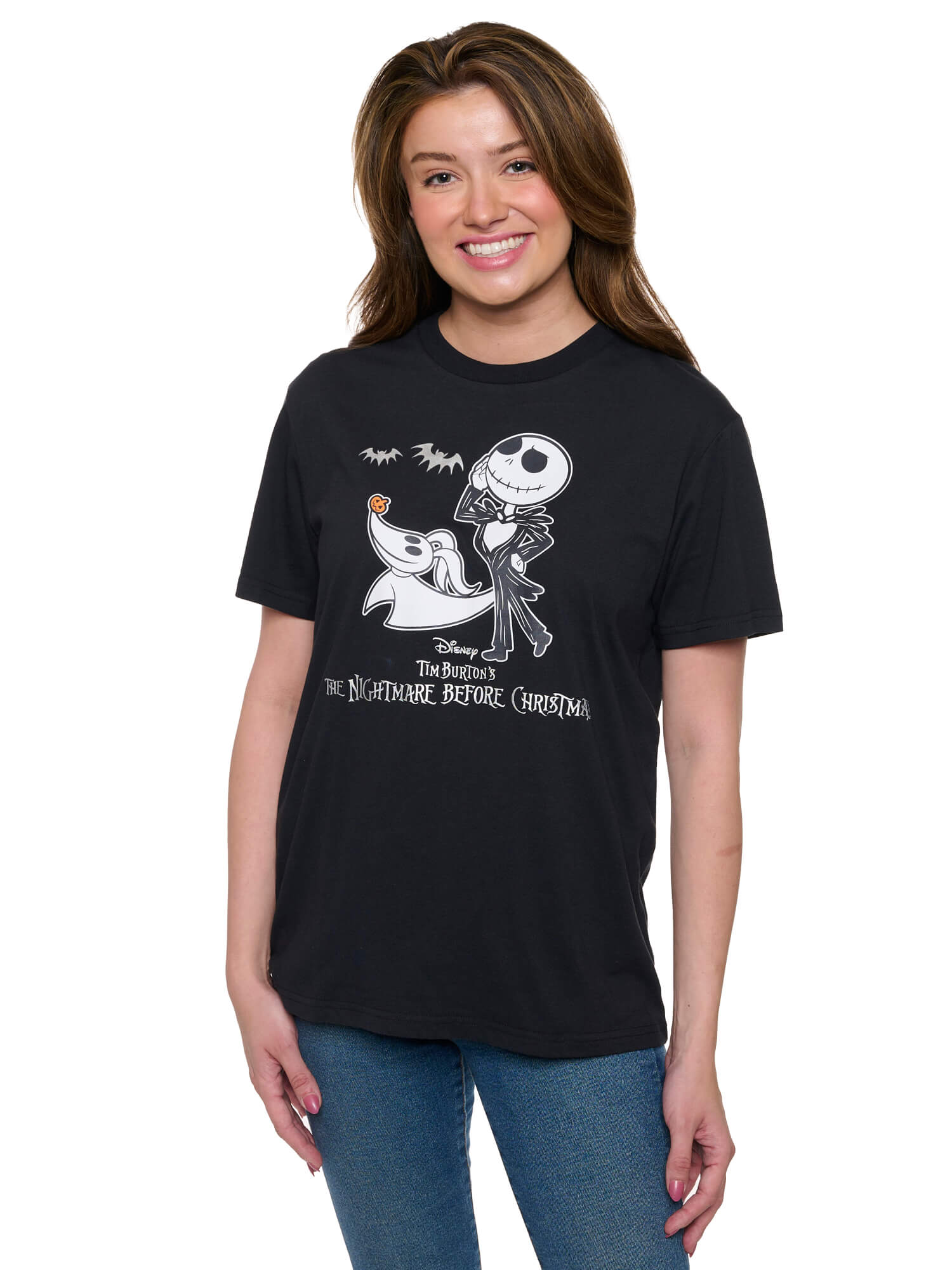 Women's Disney Jack Skellington and Zero Short Sleeve T-Shirt Foil Details Black