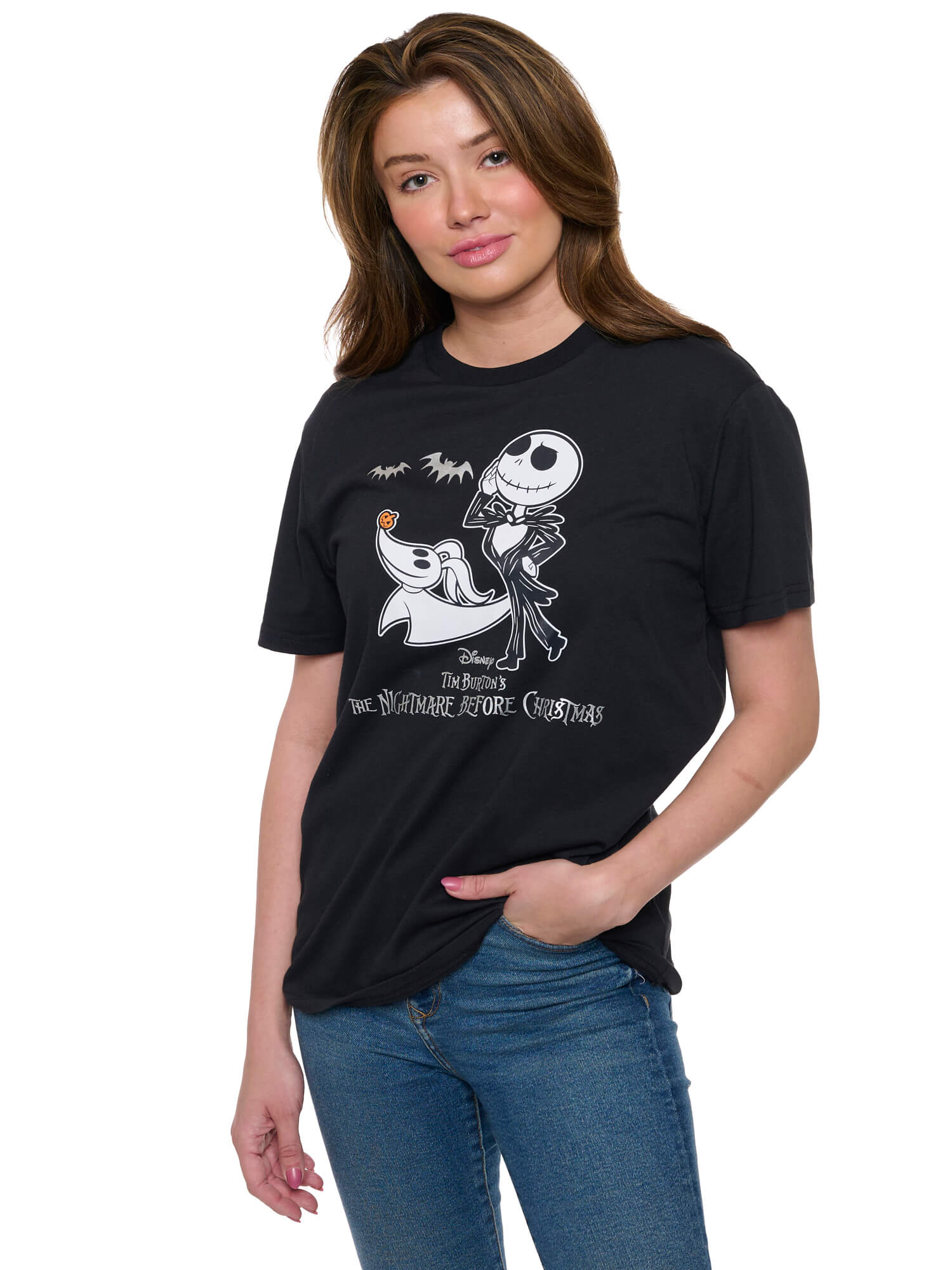 Women's Disney Jack Skellington and Zero Short Sleeve T-Shirt Foil Details Black