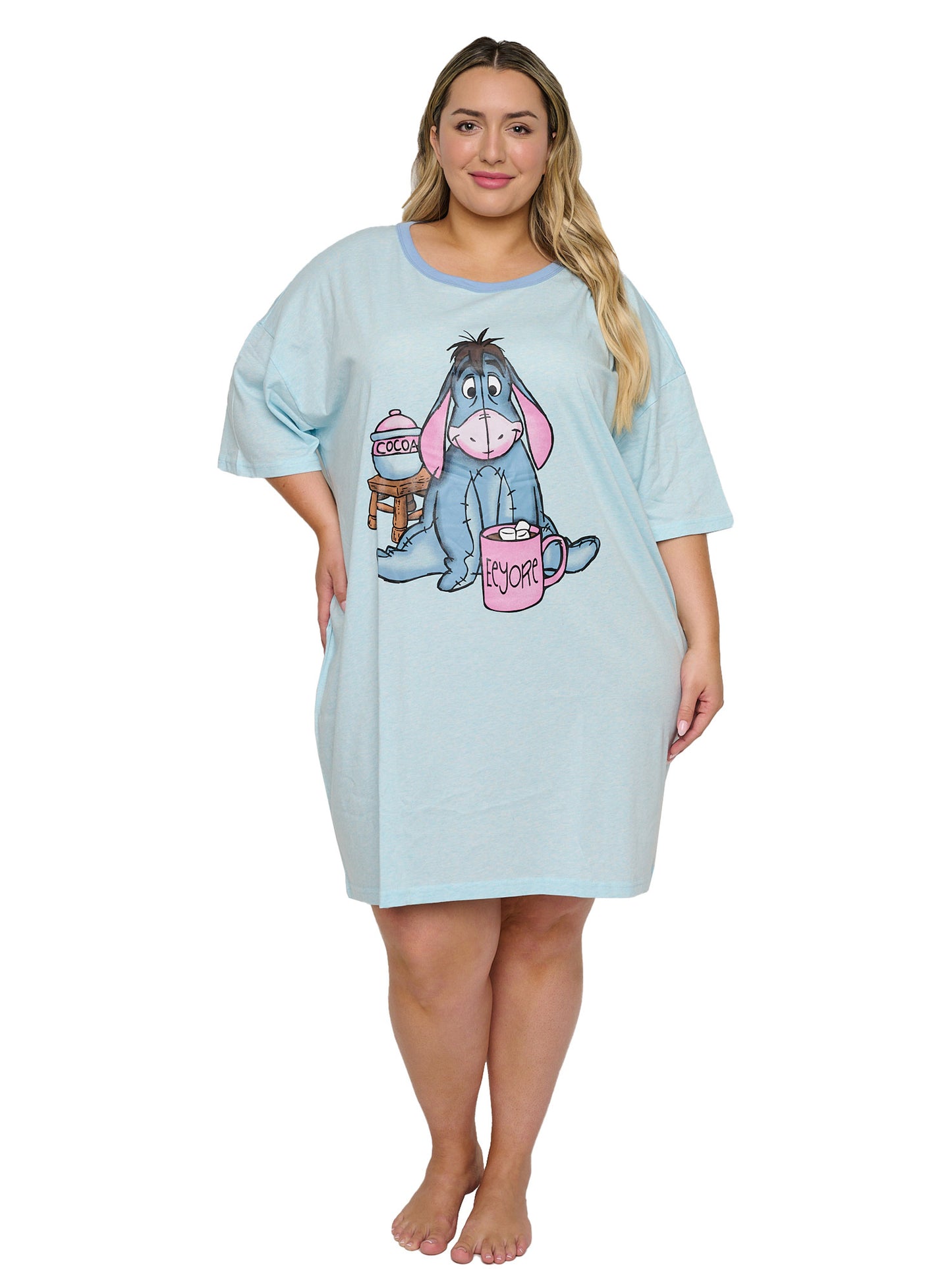 Women's Eeyore Sleep Shirt Hot Cocoa One Size Fits Most Plus Size Light Blue