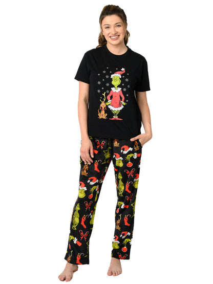 Women's Dr Seuss' The Grinch Pajama Set T-Shirt & Pants Plush Christmas