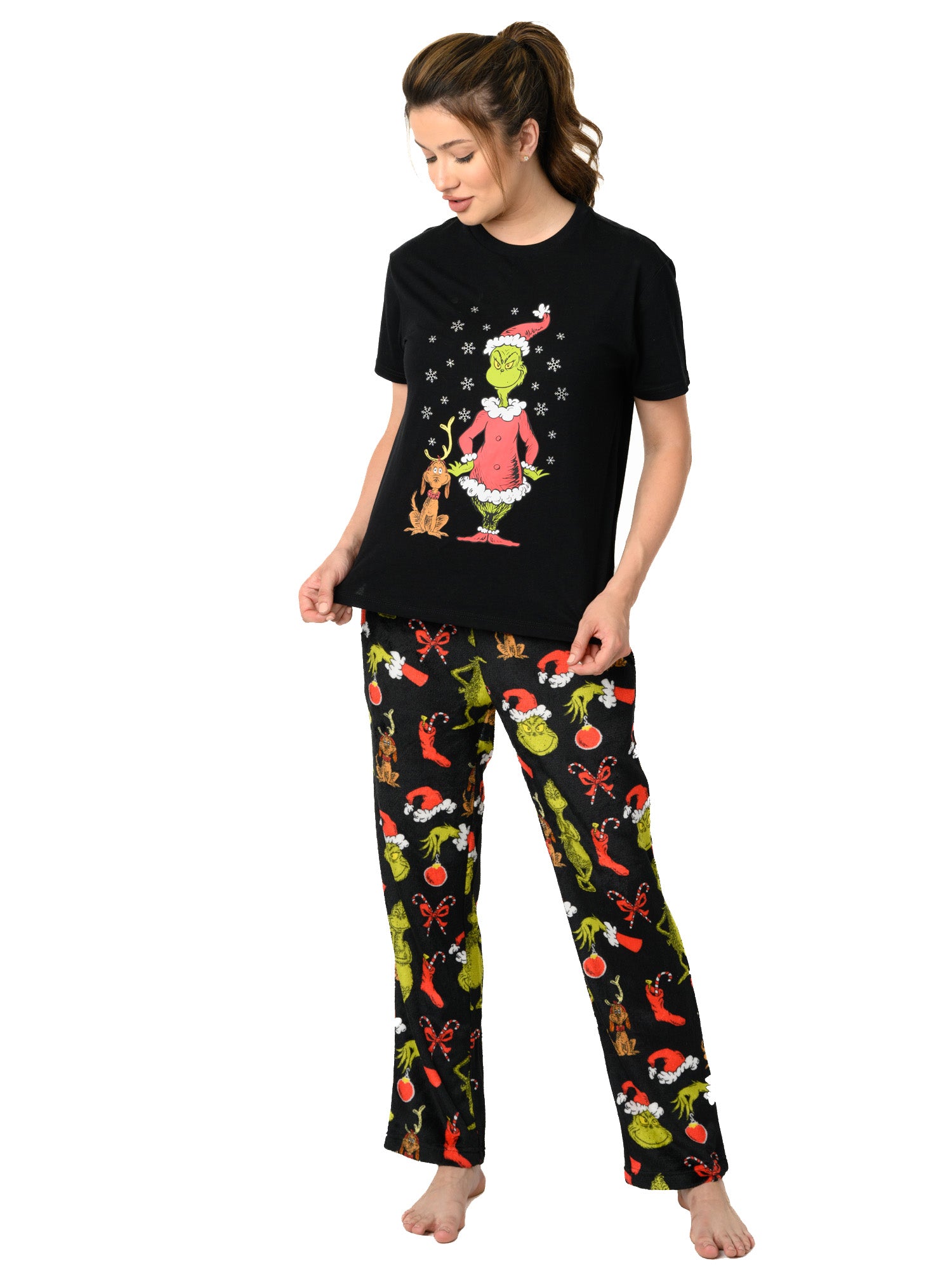 Women's Dr Seuss' The Grinch Pajama Set T-Shirt & Pants Plush Christmas