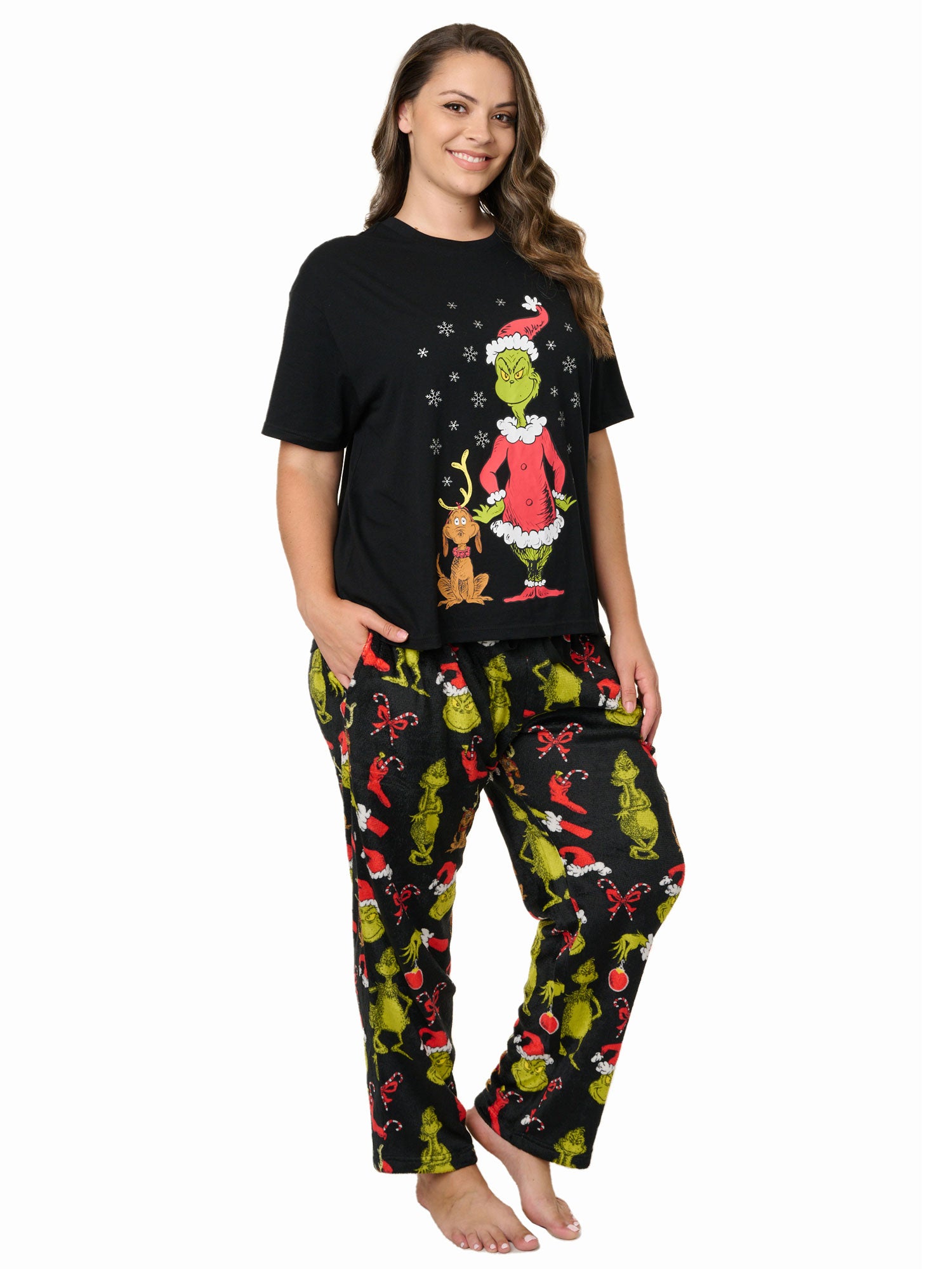 Women's Plus Size The Grinch T-Shirt & Pant Plush Pajama Set Dr Seuss Christmas