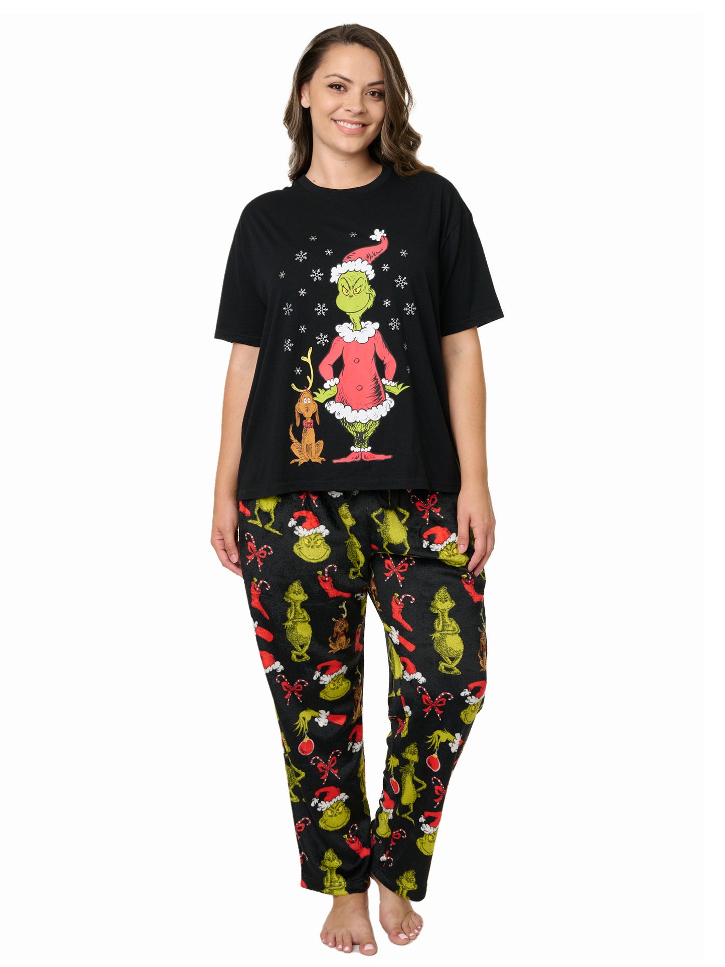 Women's Plus Size The Grinch T-Shirt & Pant Plush Pajama Set Dr Seuss Christmas