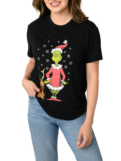 Women's and Women's Plus Dr. Seuss Grinch & Max T-Shirt Christmas Holiday Black