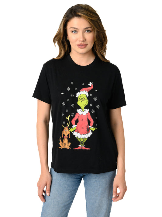 Women's and Women's Plus Dr. Seuss Grinch & Max T-Shirt Christmas Holiday Black