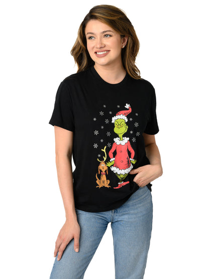 Women's and Women's Plus Dr. Seuss Grinch & Max T-Shirt Christmas Holiday Black