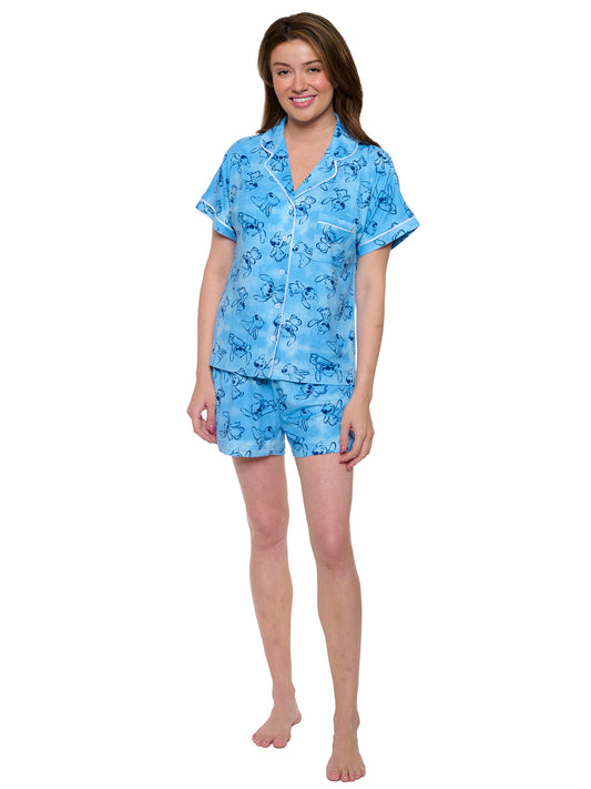 Disney Stitch Pajamas Set Button Down Shirt and Shorts 2-Piece Set Women's Blue