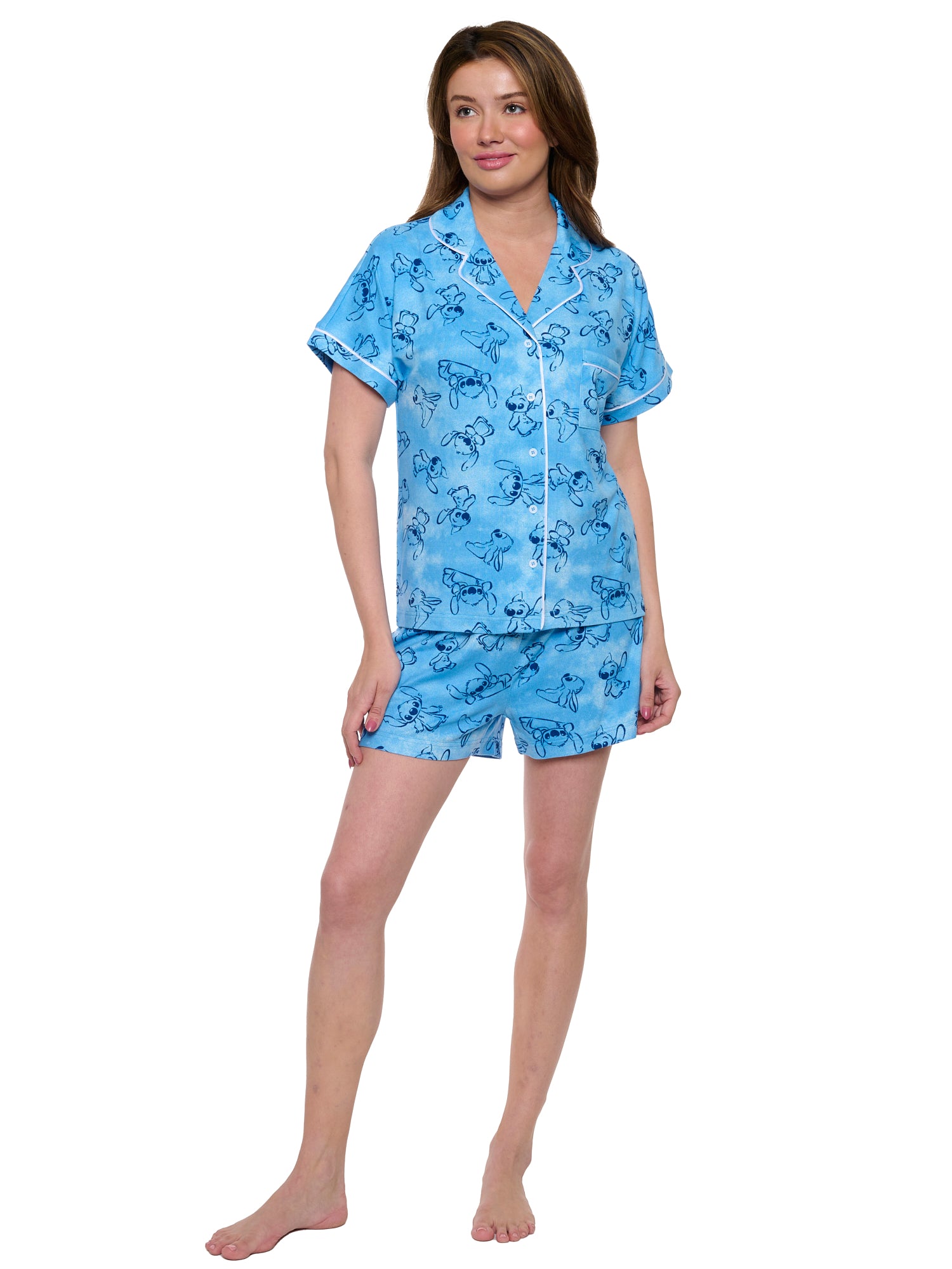 Disney Stitch Pajamas Set Button Down Shirt and Shorts 2-Piece Set Women's Blue