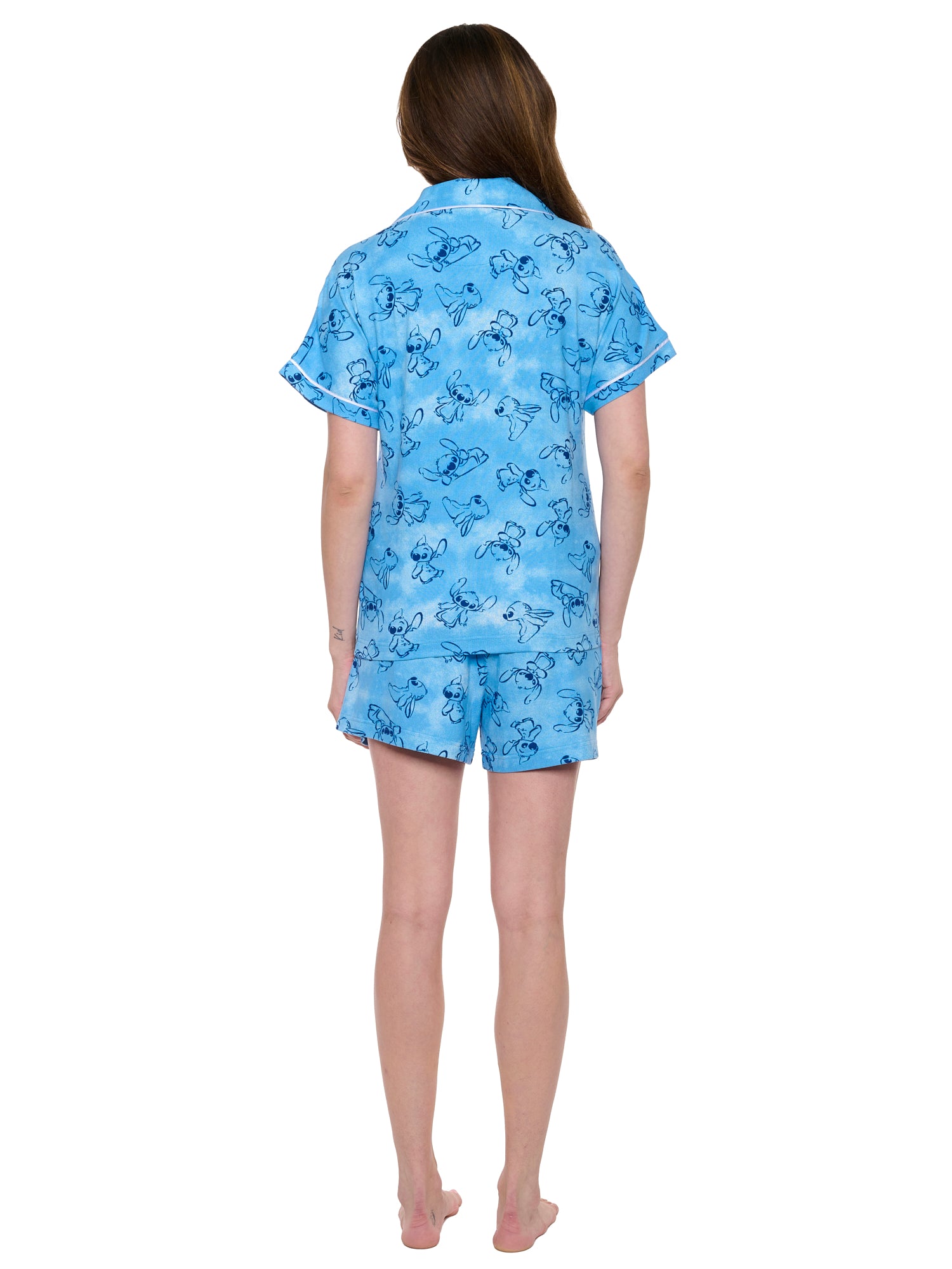 Disney Stitch Pajamas Set Button Down Shirt and Shorts 2-Piece Set Women's Blue