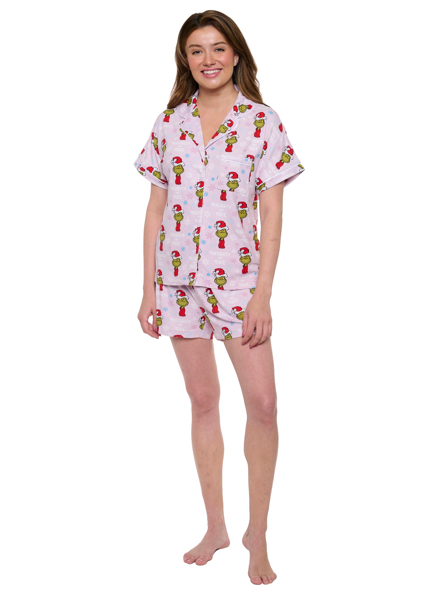 Womens Dr Seuss Grinch Pajamas Button Up Shirt and Shorts 2-Piece Lounge Set