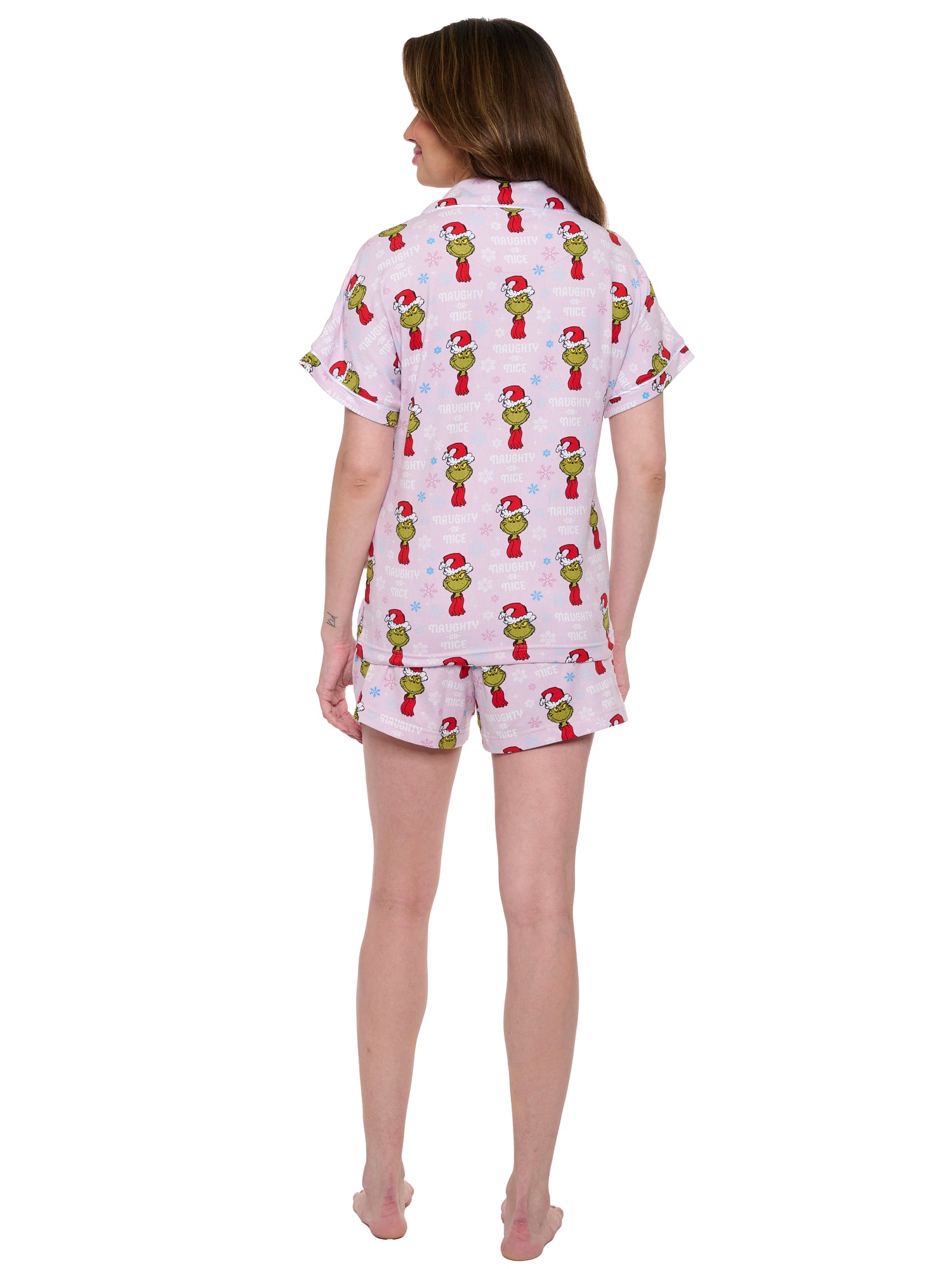 Womens Dr Seuss Grinch Pajamas Button Up Shirt and Shorts 2-Piece Lounge Set