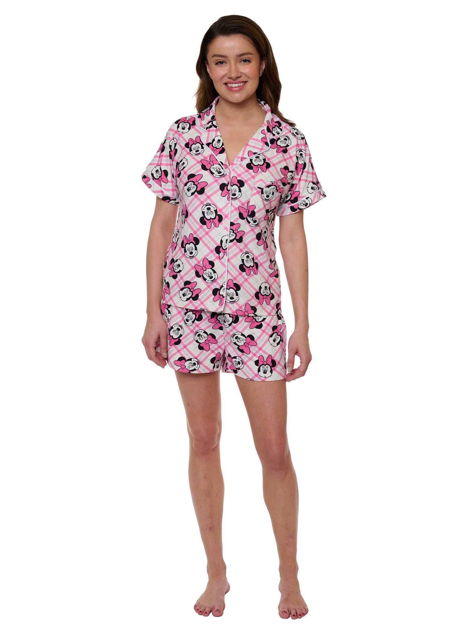 Women's Disney Minnie Mouse 2-Piece Pajama Set Button Shirt Shorts Super Soft